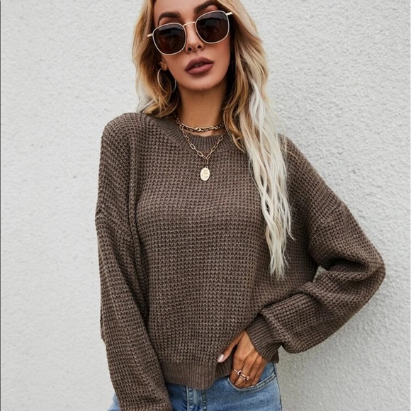 BROWN SOLID DROP SHOULDER SWEATER - Picture 5 of 8